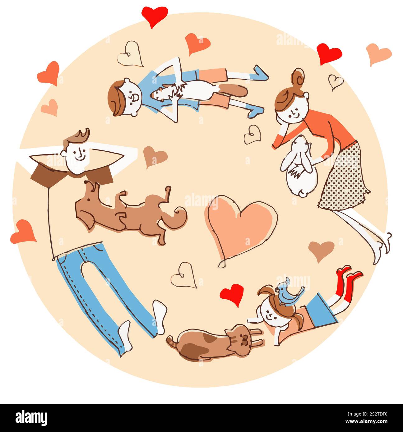 Famiglia e animale domestico che giace Foto Stock