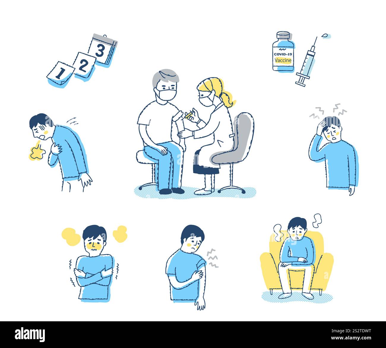 Serie di immagini relative alla vaccinazione contro la COVID-19 e alle reazioni avverse Foto Stock
