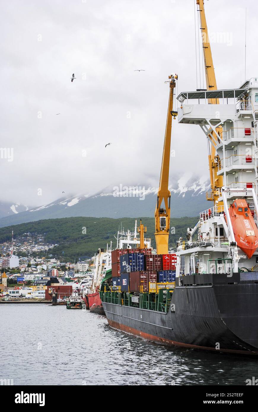 Navi da carico caricate con container nel porto di Ushuaia, Tierra del Fuego, Argentina, Sud America Foto Stock