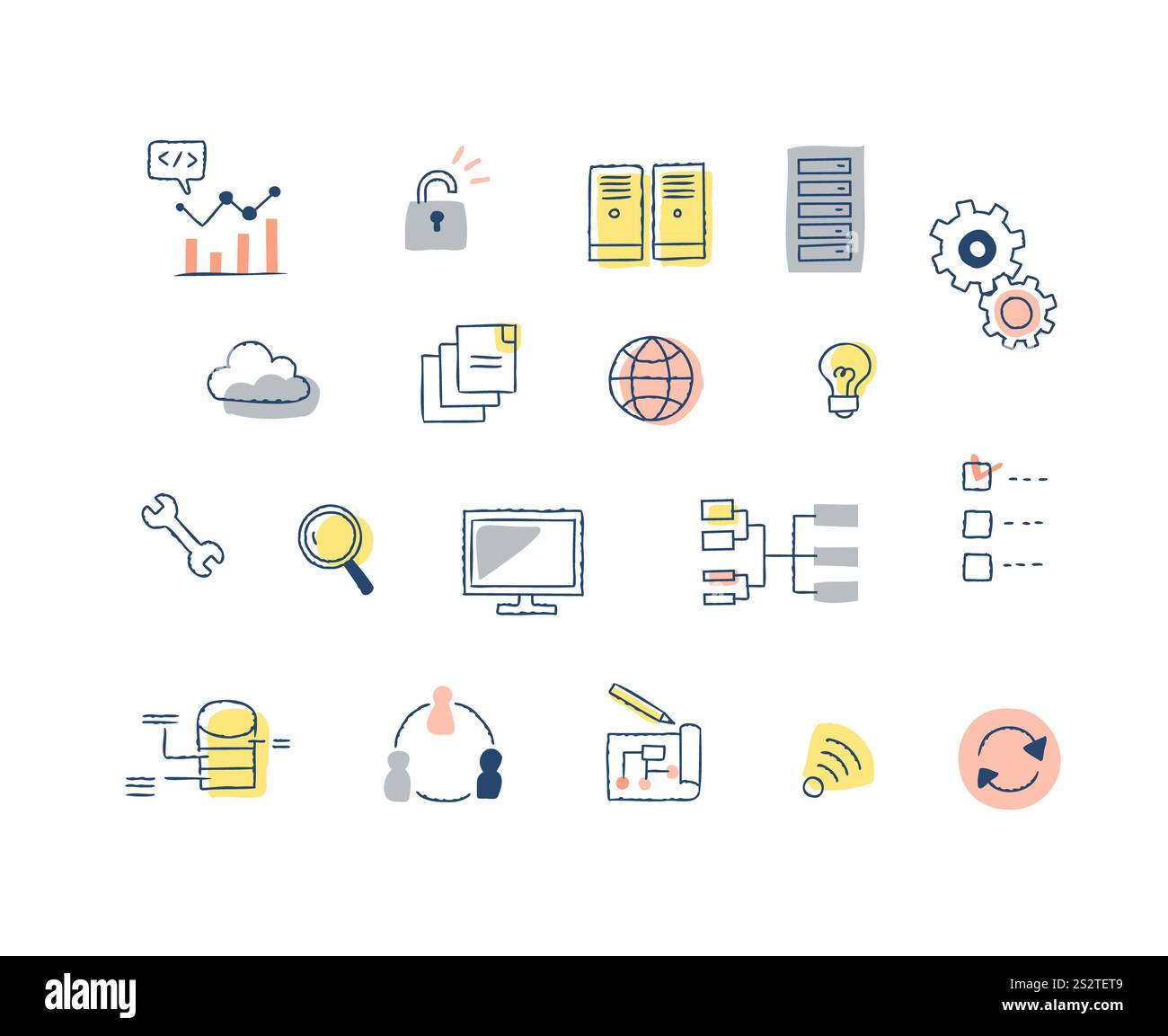 Set di icone per programmazione, sistemi IT e immagini Web Foto Stock