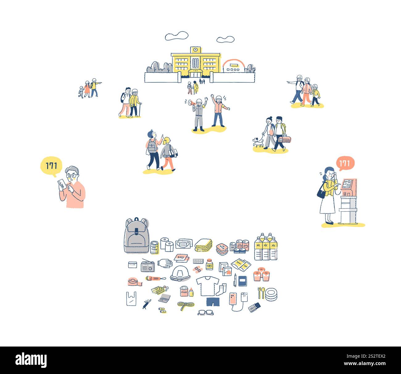 Serie di illustrazioni delle attrezzature di evacuazione, delle persone che evacuano, ecc. Foto Stock