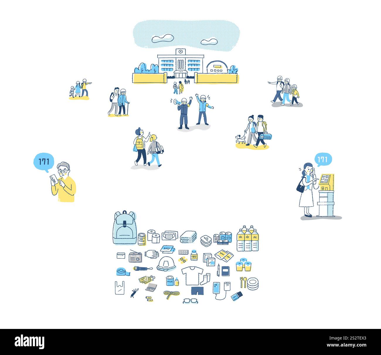 Serie di illustrazioni delle attrezzature di evacuazione, delle persone che evacuano, ecc. Foto Stock