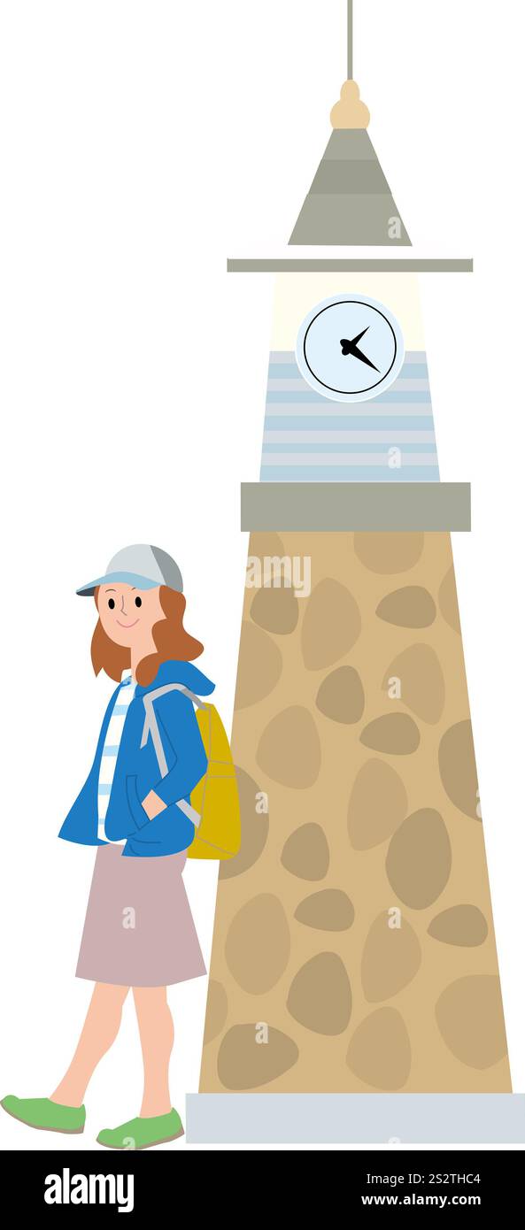 Giovane donna in piedi accanto alla torre dell'orologio Foto Stock