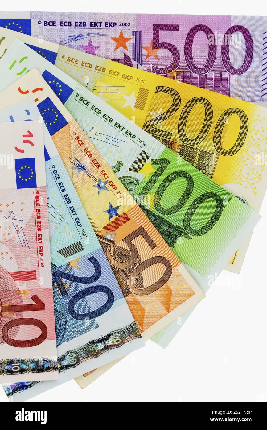 Molte banconote in euro diverse. Foto simbolica per ricchezza e investimenti. Austria Foto Stock
