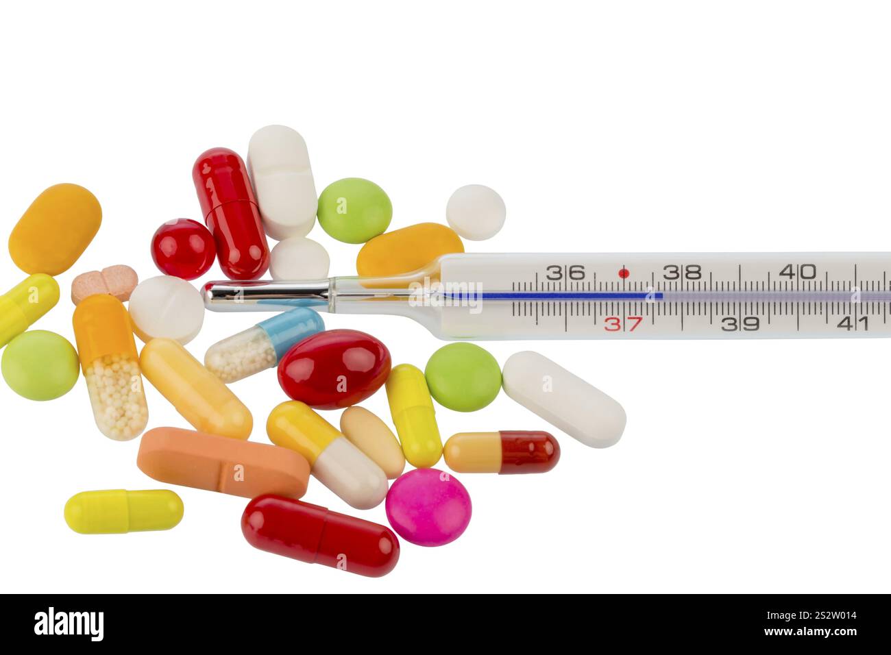 Termometro clinico e compresse. Foto simbolica per influenza e raffreddori Austria Foto Stock