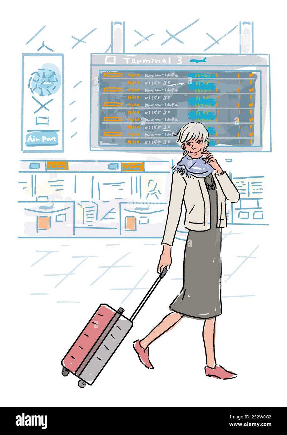 Donna anziana in viaggio all'aeroporto Foto Stock