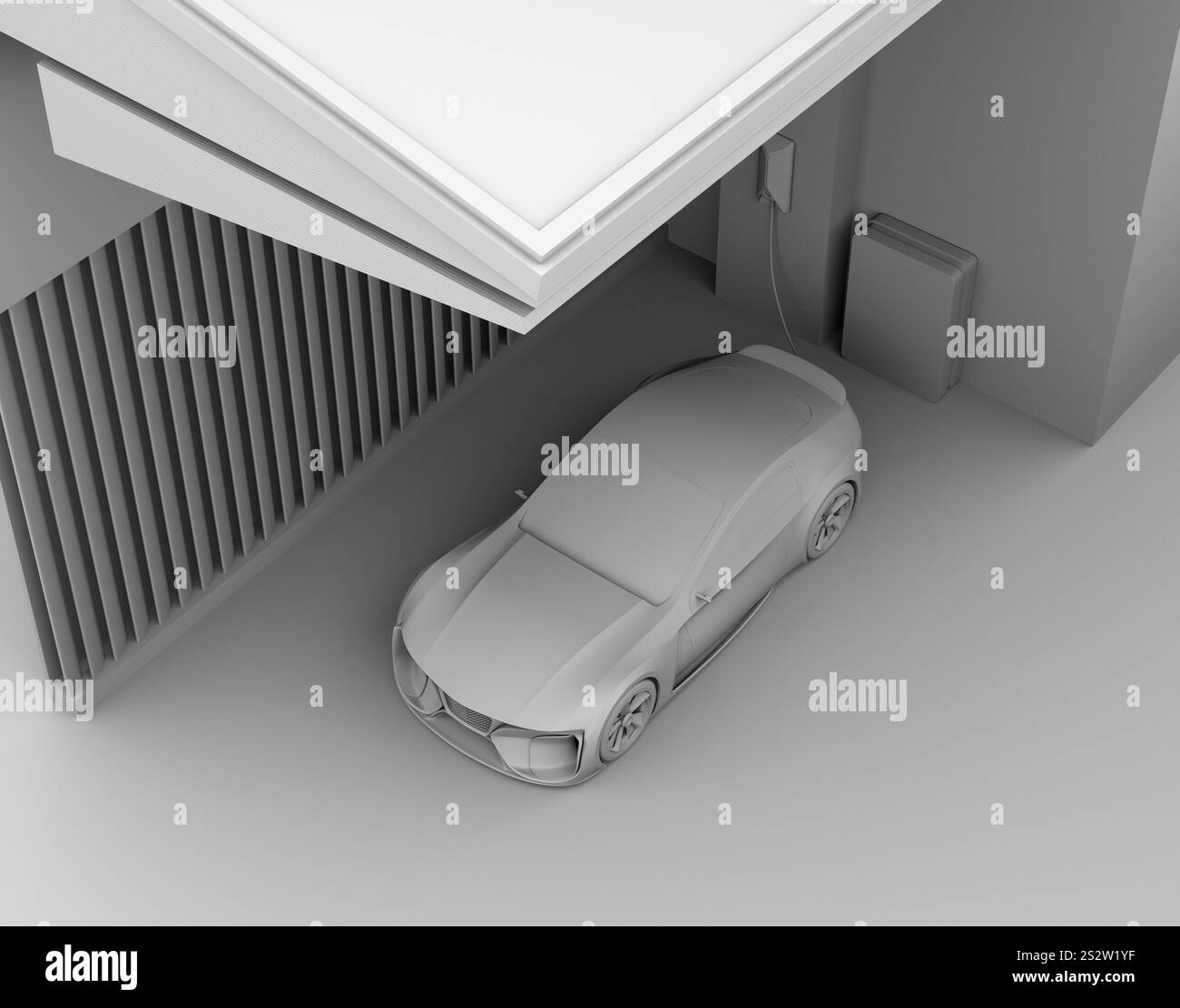 Rendering in argilla dell'immagine di un'auto sportiva elettrica in carica su una stazione di ricarica domestica Foto Stock