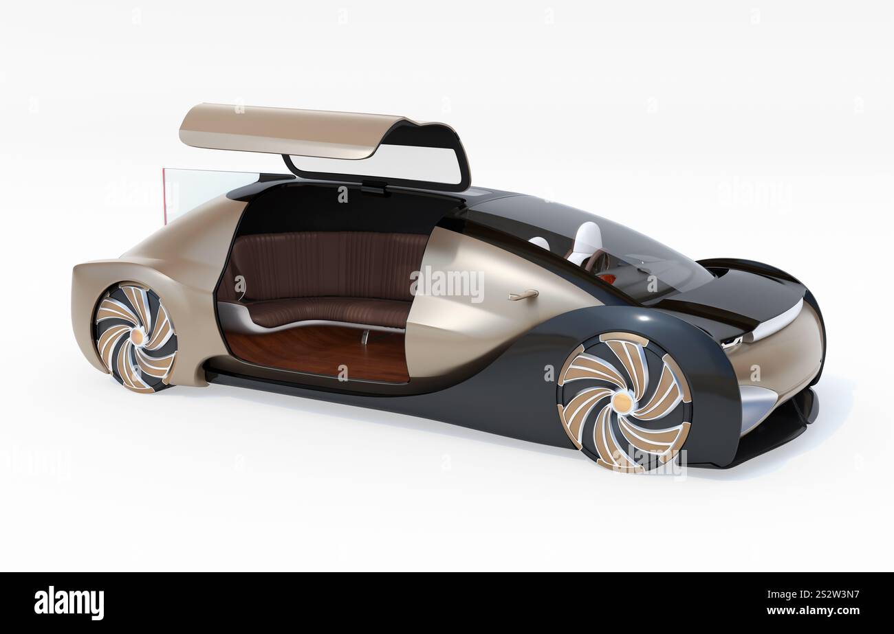 Berlina elettrica di lusso automatica color oro metallizzato con sfondo bianco. Con lo sportello destro aperto. Foto Stock
