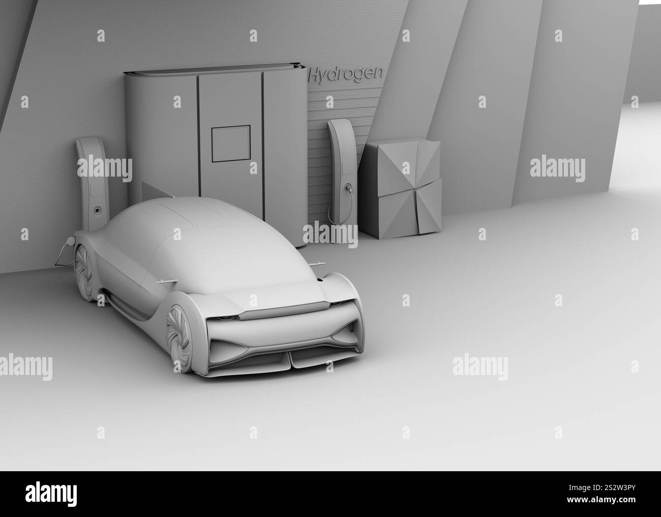 Immagine di rendering dell'argilla di una FCV automatizzata che riempie una stazione di idrogeno con gas idrogeno Foto Stock