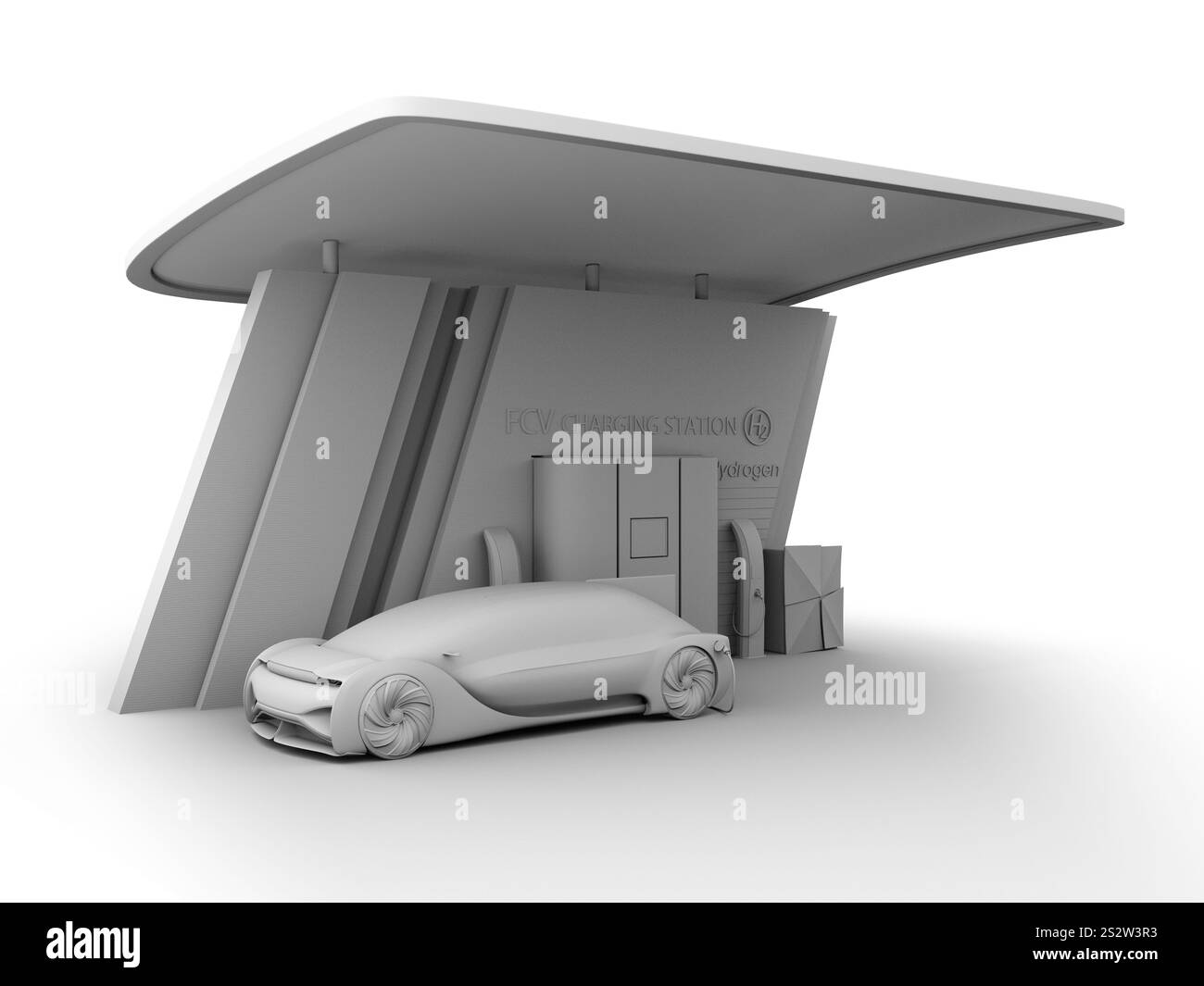 Clay rendering immagine di un FCV che si riempie di gas idrogeno in una stazione di idrogeno Foto Stock