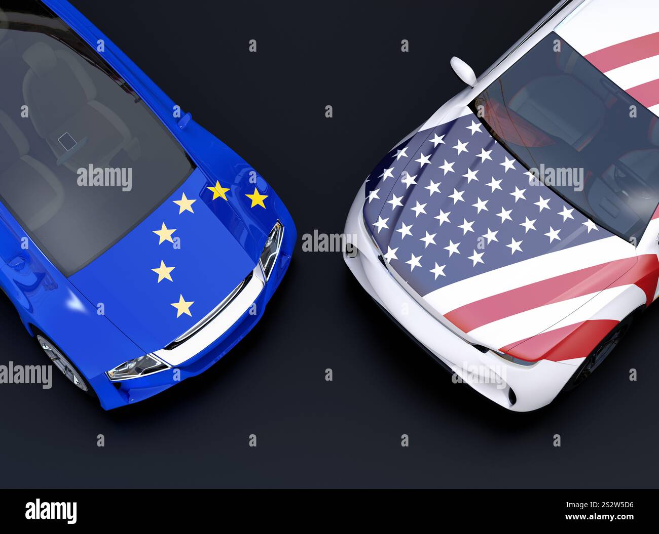 Bandiere dell'UE e degli Stati Uniti sulle automobili. Concetto di mercanteggiamento delle tariffe automobilistiche e guerre commerciali in Europa e negli Stati Uniti. Foto Stock