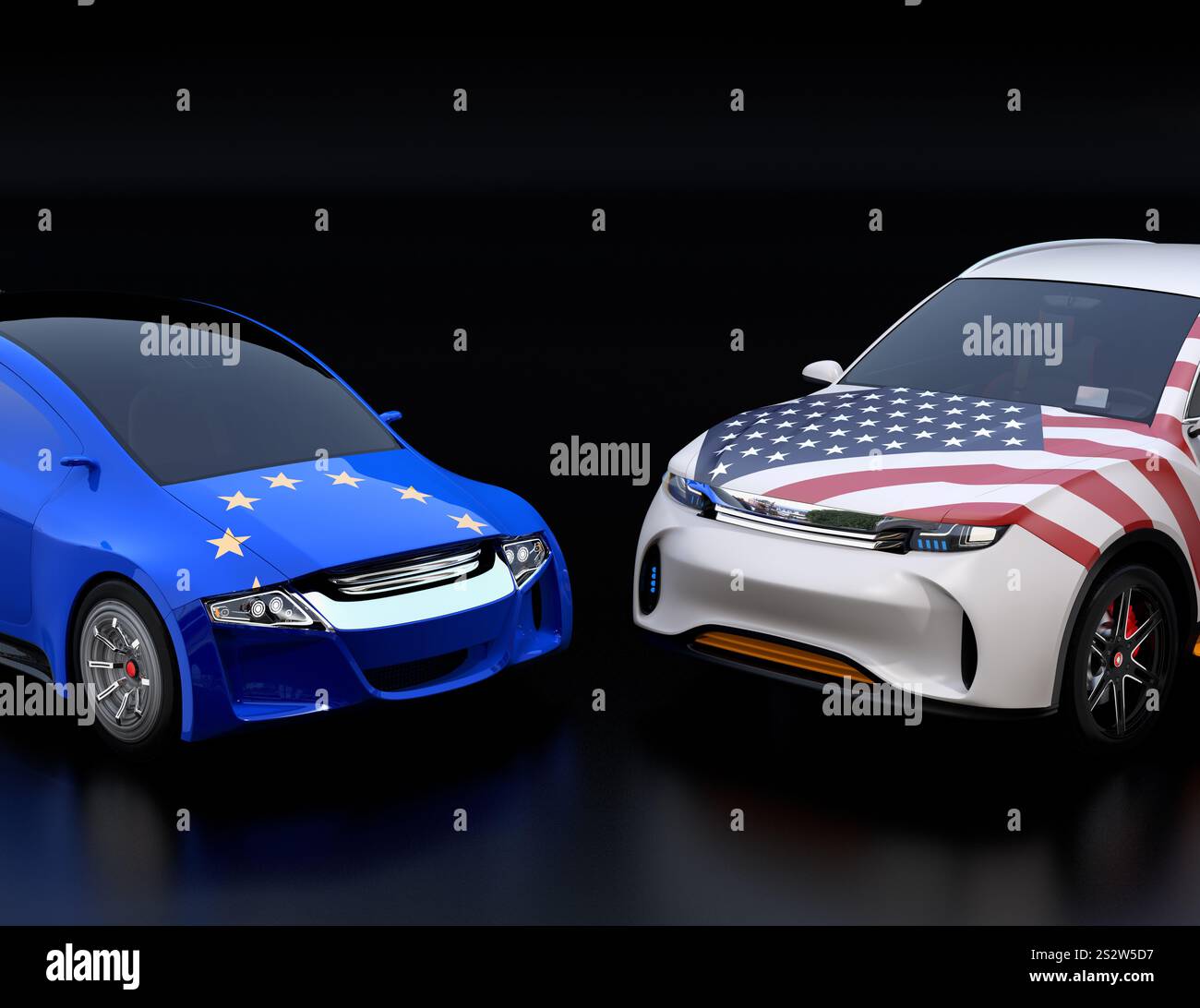 Bandiere dell'UE e degli Stati Uniti sulle automobili. Concetto di mercanteggiamento delle tariffe automobilistiche e lo scoppio di guerre commerciali in Europa e negli Stati Uniti. Foto Stock