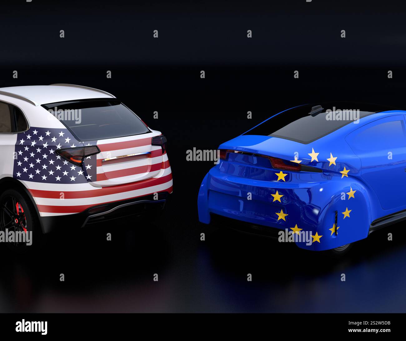 Bandiere dell'UE e degli Stati Uniti sulle automobili. Concetto di mercanteggiamento delle tariffe automobilistiche e lo scoppio di guerre commerciali in Europa e negli Stati Uniti. Foto Stock