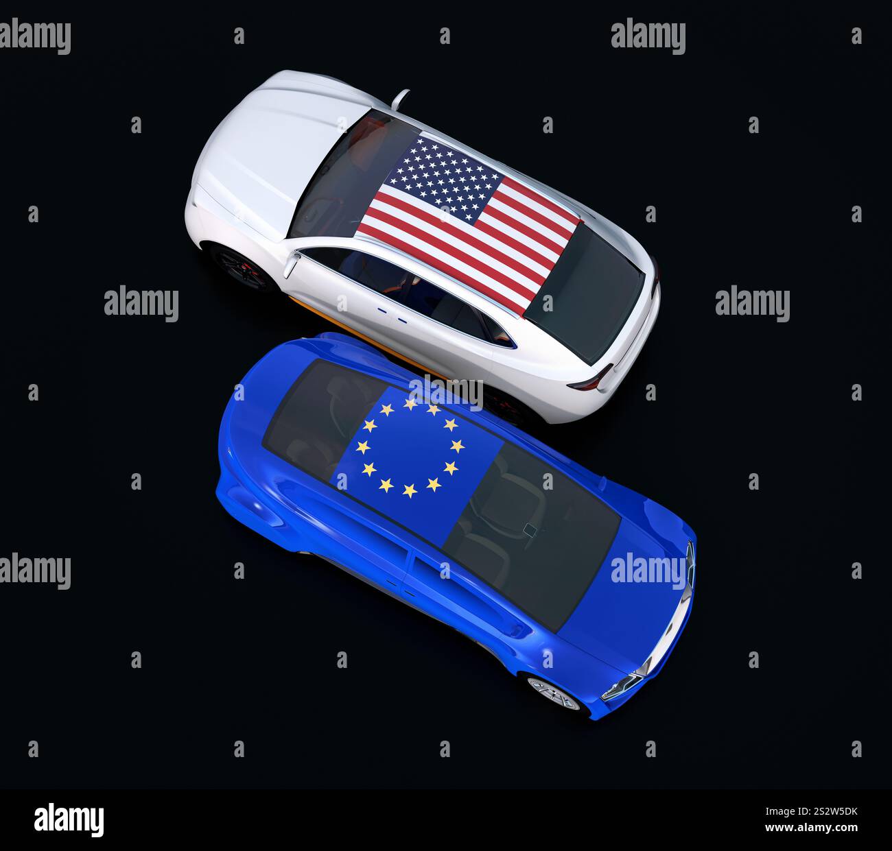 Le bandiere DEGLI STATI UNITI e dell'Unione europea sulle automobili. Concetto di tariffe auto in Europa e negli Stati Uniti, e lo scoppio di guerre commerciali. Foto Stock