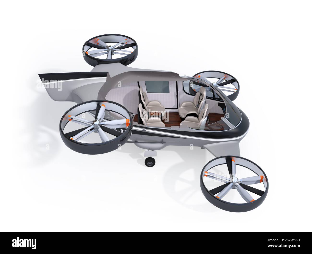 Modello in sezione di un aeromobile con drone automatizzato. Concetto di interni per auto volanti. Foto Stock