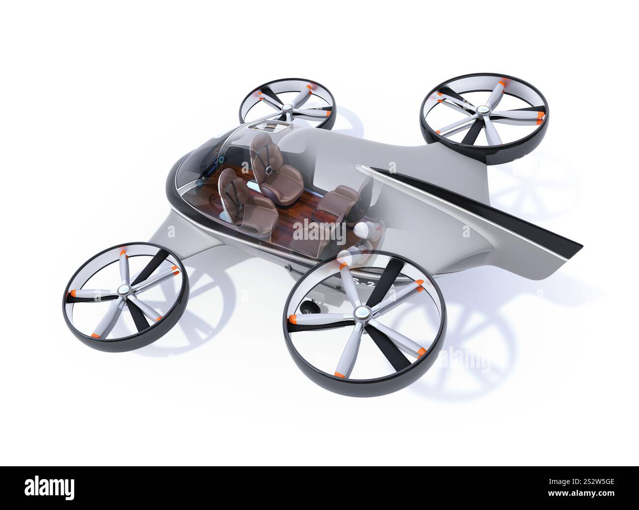 Immagine di un'immagine composita di un interno sulla fusoliera di un drone automatizzato. Concetto di abitacolo di auto volanti. Foto Stock