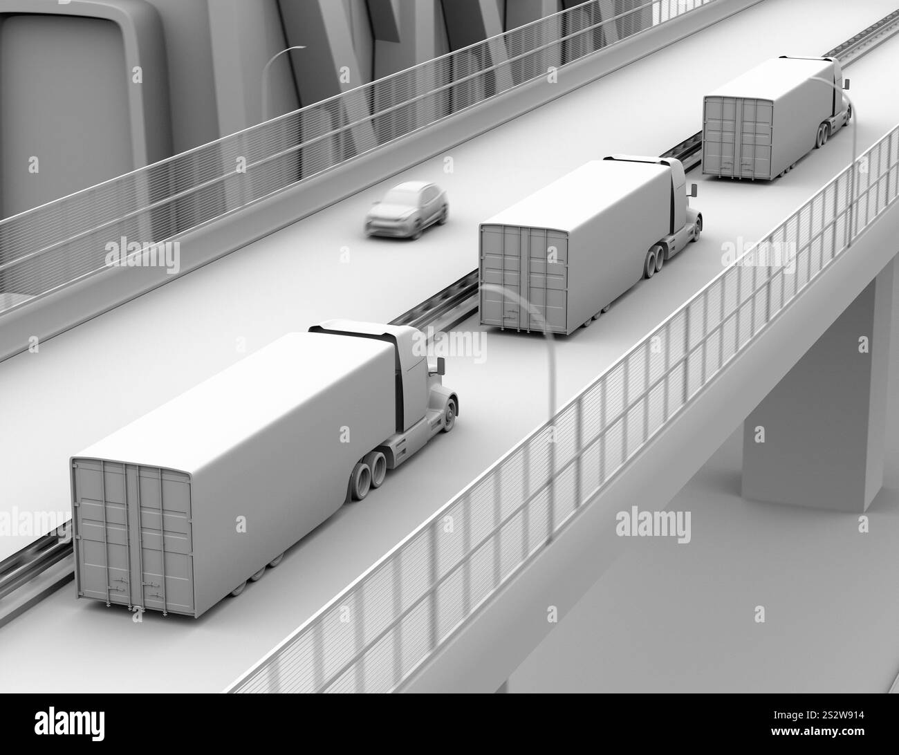 Clay ha reso l'immagine di un camion di celle a combustibile che viaggia in formazione su un'autostrada Foto Stock