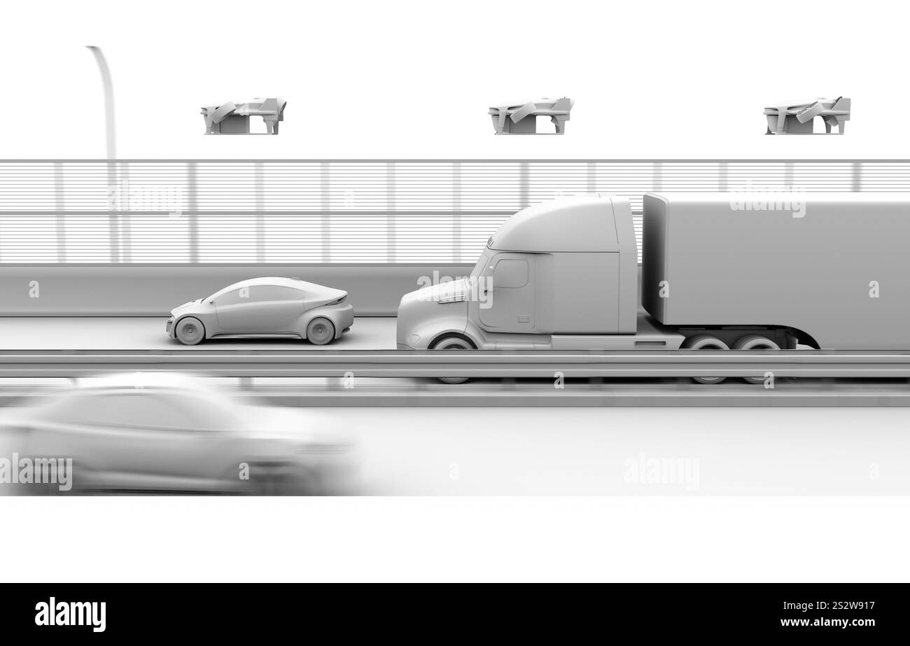 Clay ha reso l'immagine di un camion di celle a combustibile che viaggiava in autostrada, con un drone di consegna nel cielo Foto Stock