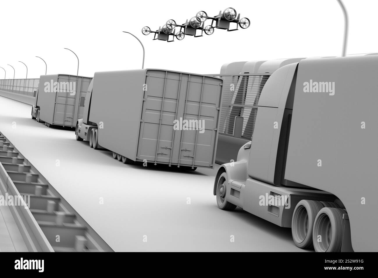 Argilla che rende l'immagine di camion a celle a combustibile che viaggiano in formazione su un'autostrada, droni di consegna e auto volanti. Foto Stock