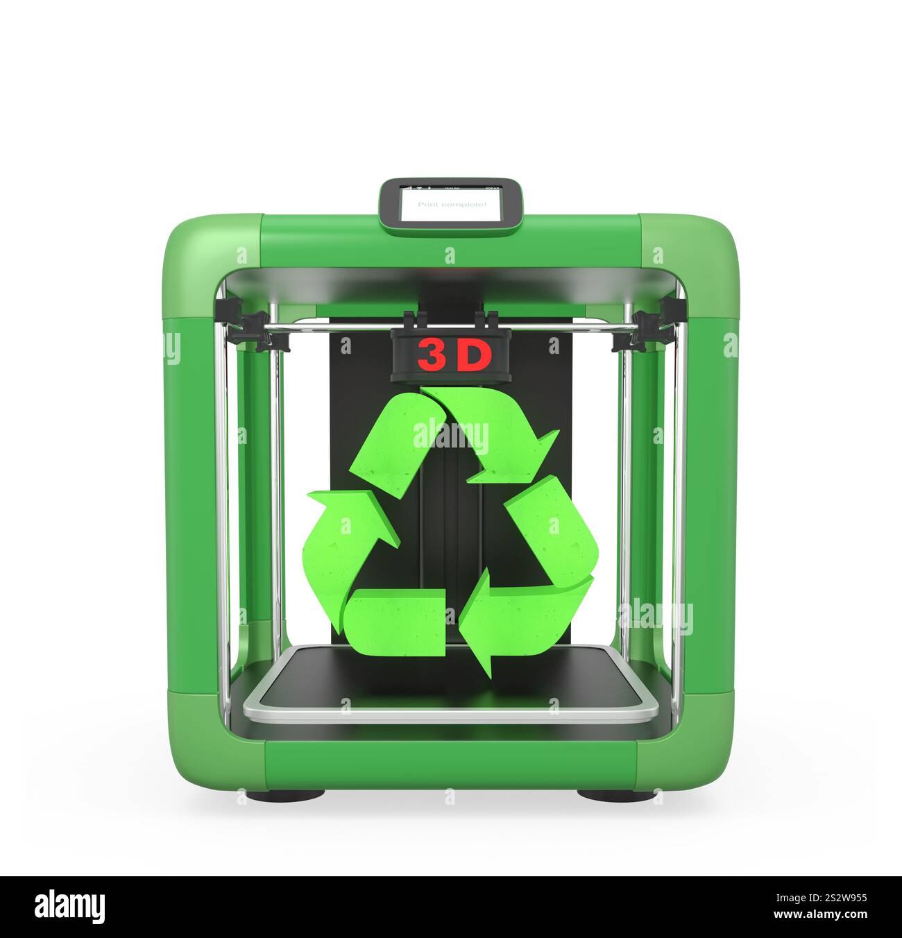 Stampante 3D e marchio di riciclaggio, concetto di utilizzo di materiali riciclati Foto Stock