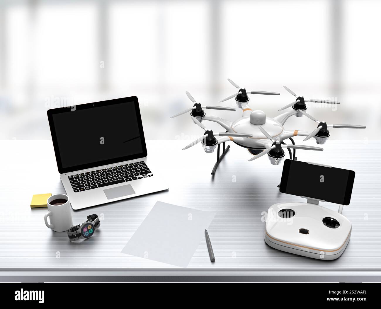 Laptop sulla scrivania dell'ufficio, drone Foto Stock