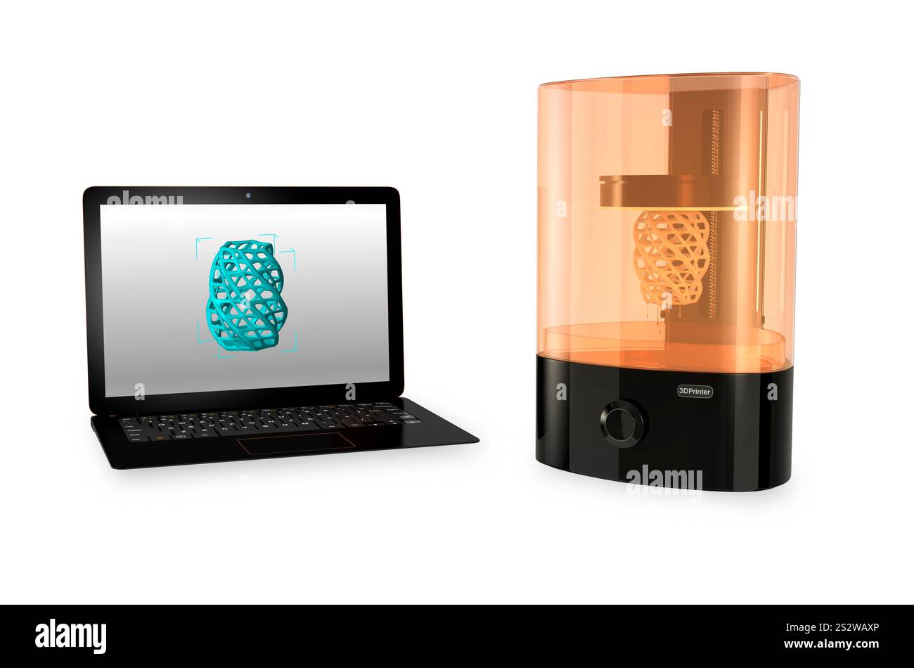 Stampante 3D fotografica e computer portatile. Il modello 3D viene visualizzato sullo schermo del PC. Foto Stock