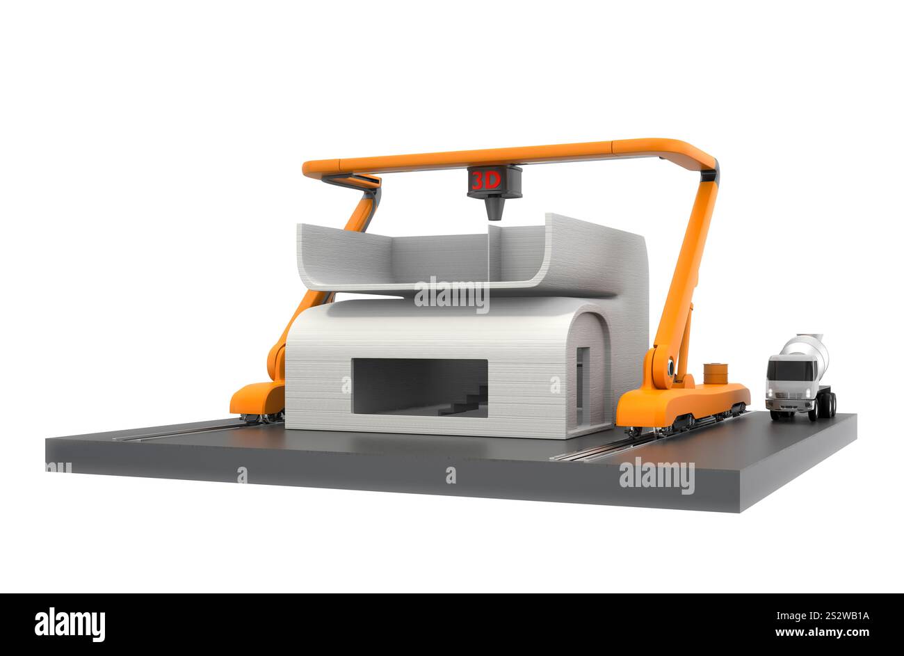 Concetto di stampante 0D architettonica. Il vantaggio di questa stampante è che è in grado di creare forme complesse estrudendo calcestruzzo fresco con un ugello. Foto Stock