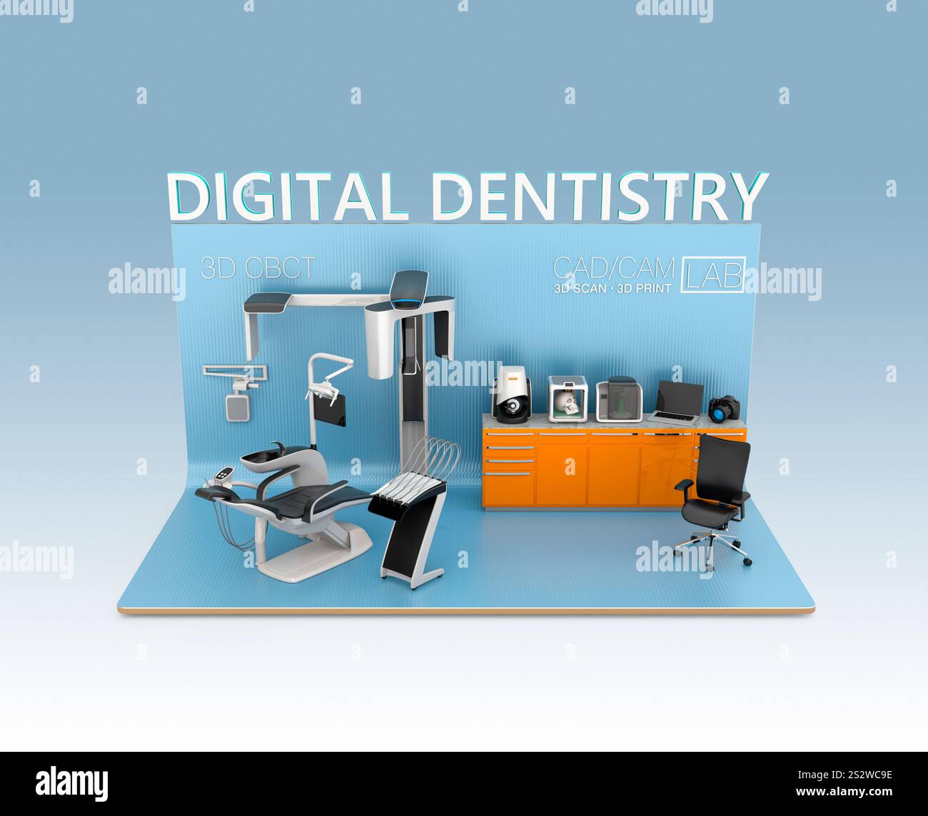Condivisione dei dati, collaborazione e concetto di odontoiatria digitale con unità odontoiatriche, scanner TC e stampanti 2D. Foto Stock
