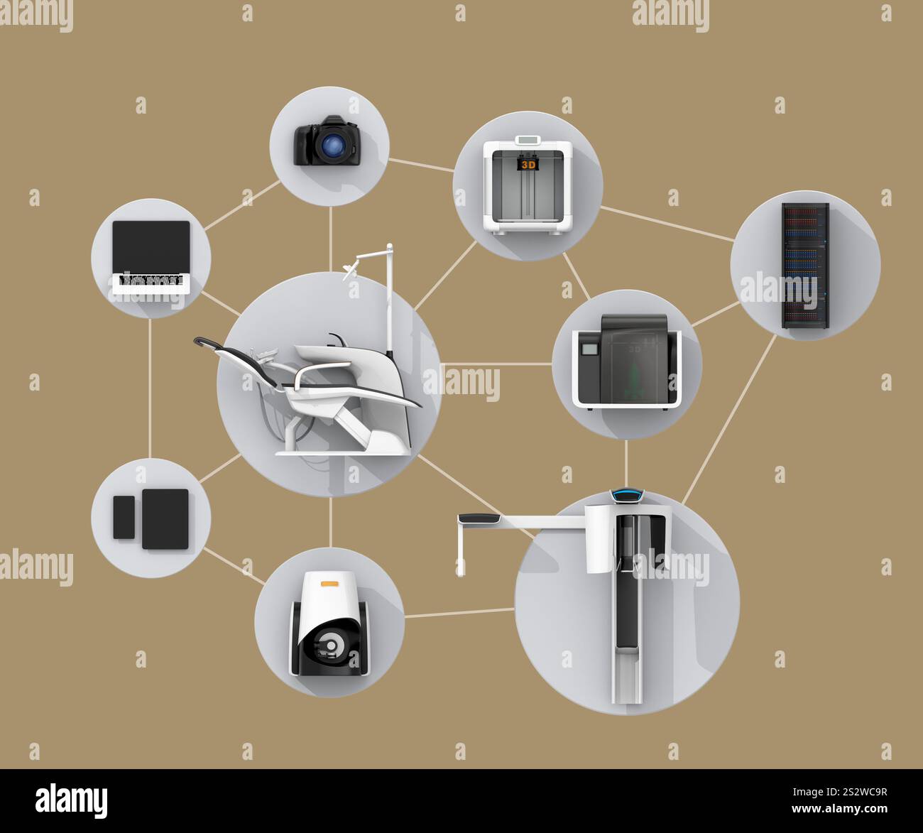 Condivisione dei dati, collaborazione e concetto di odontoiatria digitale con unità odontoiatriche, scanner TC e stampanti 2D. Foto Stock
