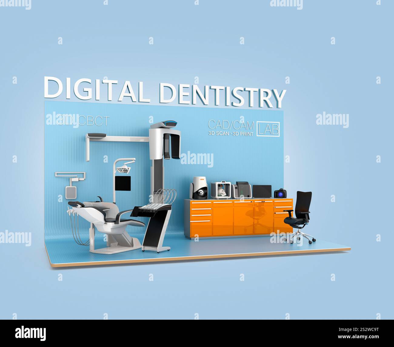 Unità odontoiatrica, scanner TC, condivisione dei dati con stampante 3D, collaborazione, concetto di odontoiatria digitale Foto Stock