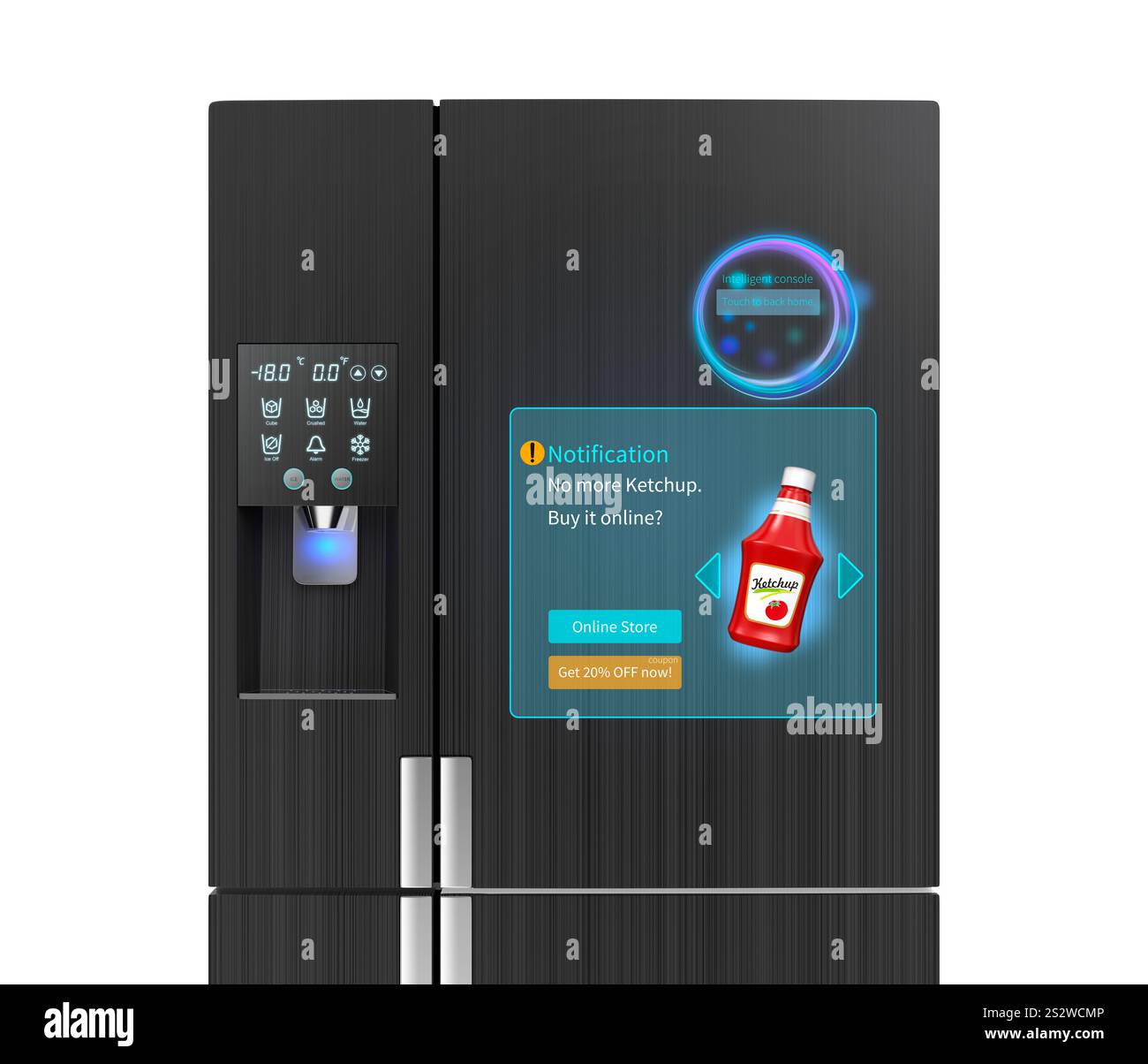 Touch screen sullo sportello dello Smart frigo, con notifiche push per controllare la quantità rimanente e l'acquisto. Foto Stock