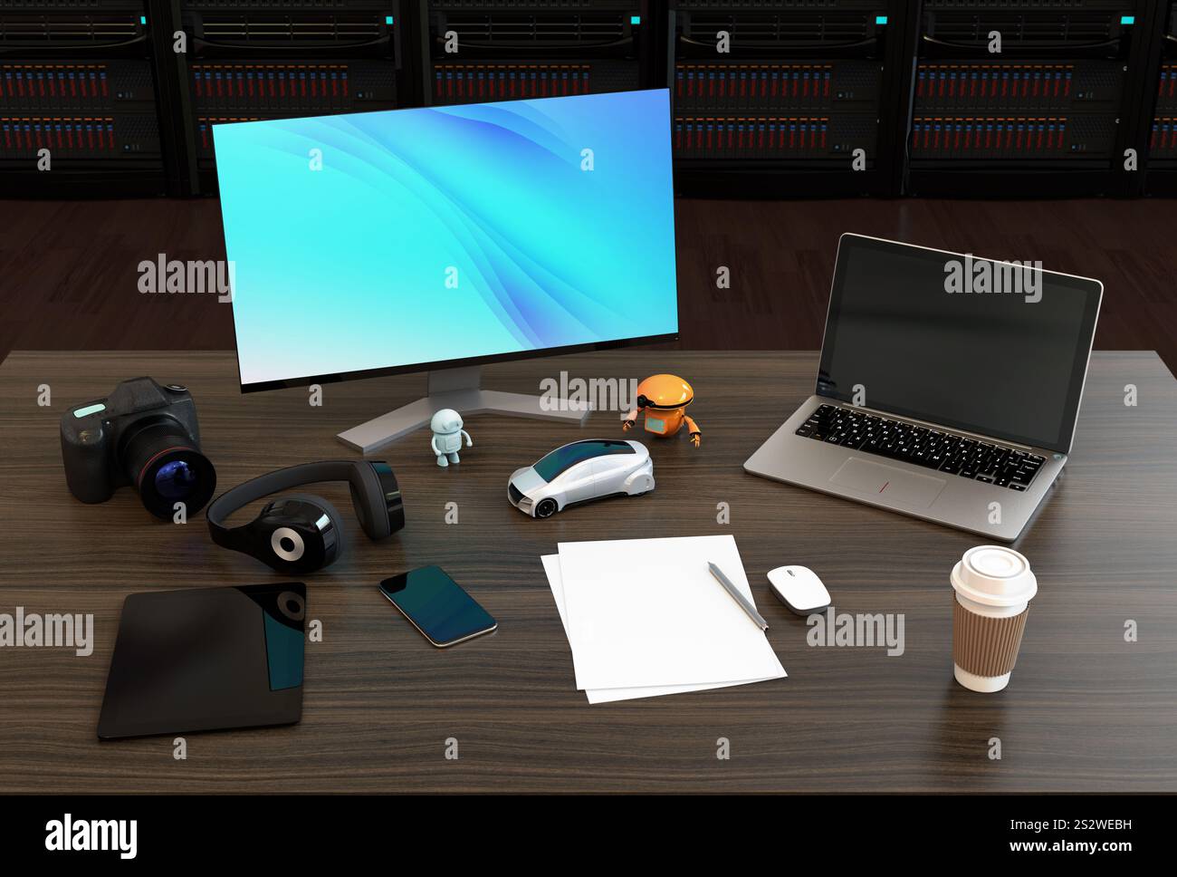 Immagine del desktop di un progettista di editing video. Un server di rendering dedicato viene posizionato in background. Foto Stock