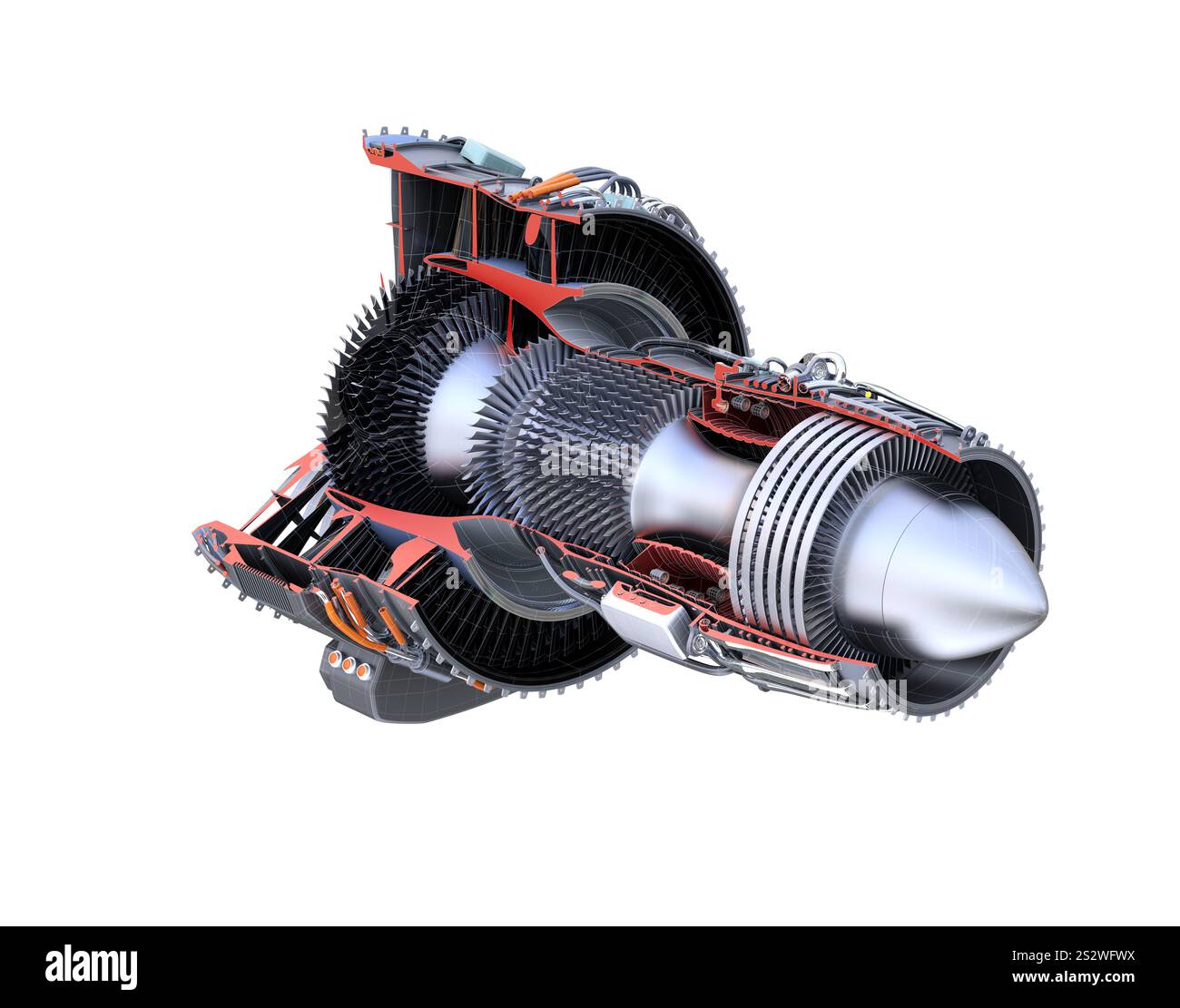 Immagine del modello di taglio 3D di un motore turboventilatore con telaio in filo metallico Foto Stock