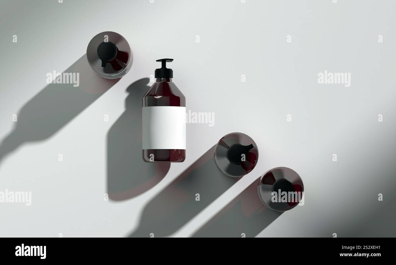 Rendering 3d Mockup dei flaconi pompa color ambra scuro su sfondo minimalista Foto Stock