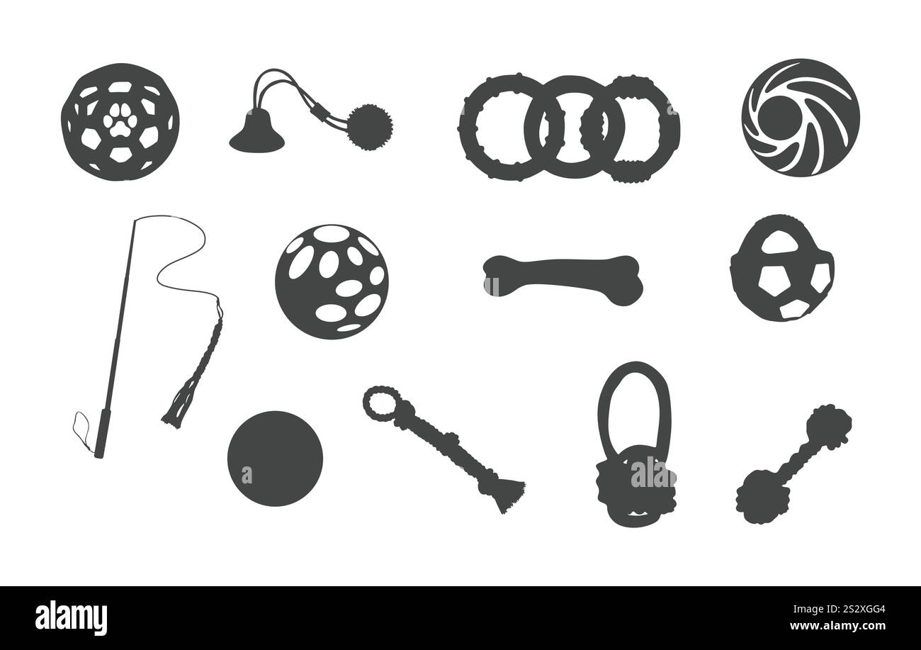 Silhouette giocattolo per cani, vettori per giocattoli per cani, vettori per accessori per cani, silhouette per accessori per cani, set di vettori per giocattoli per cani. Illustrazione Vettoriale