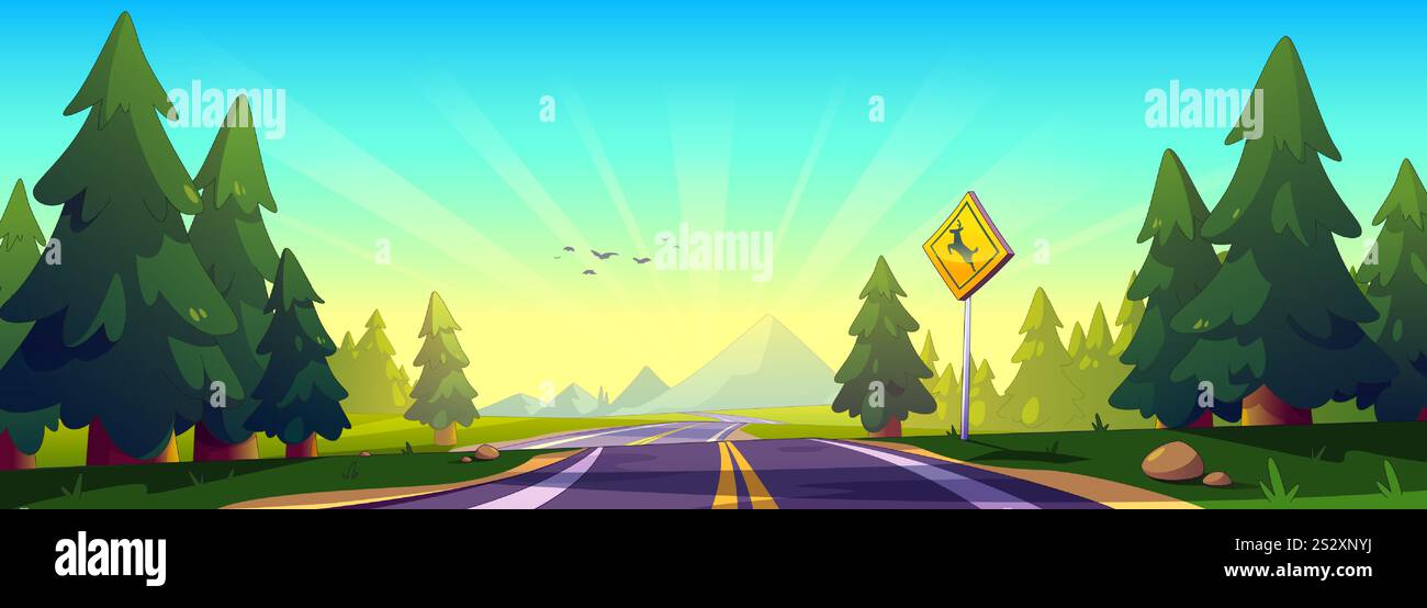 Paesaggio estivo della strada forestale - autostrada tortuosa attraverso pini verso montagne lontane sotto il cielo del sole mattutino. Natura selvaggia panoramica con segnale di attraversamento dei cervi, uccelli volanti e ambiente naturale. Illustrazione Vettoriale