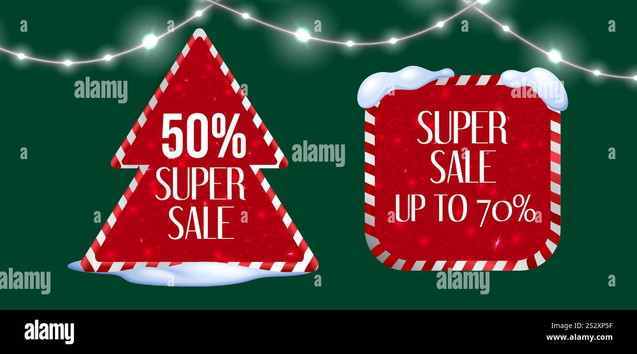I banner promozionali natalizi a forma di albero e tablet quadrato - le cornici rosse con bordi in canna di caramelle mostrano sconti eccezionali. Elementi decorativi innevati e luci scintillanti a corda garland su verde bg. Illustrazione Vettoriale