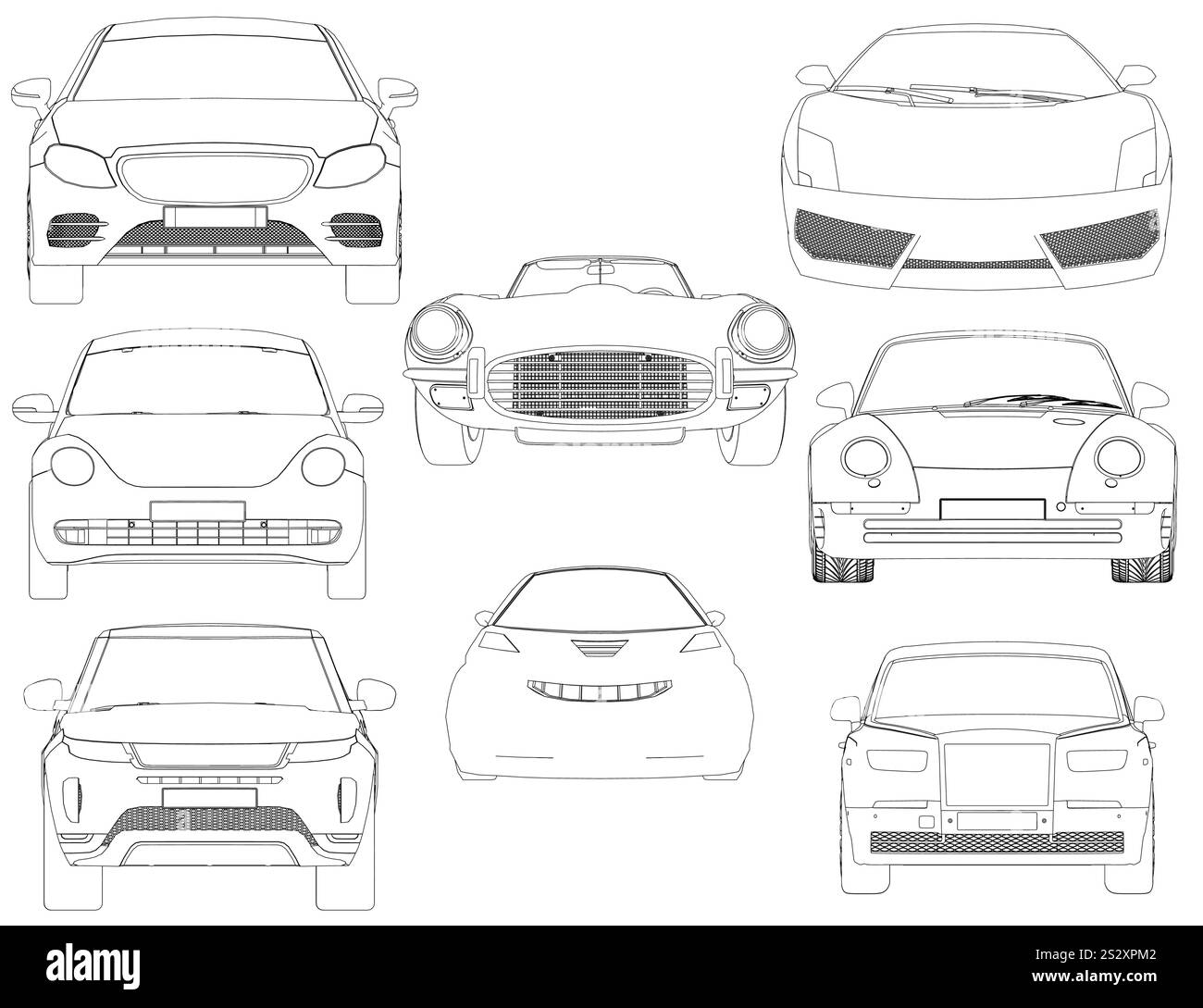 Set della vettura di contorno. La vettura è progettata per velocità e prestazioni, con un motore potente e caratteristiche aerodinamiche. Vista frontale Illustrazione Vettoriale