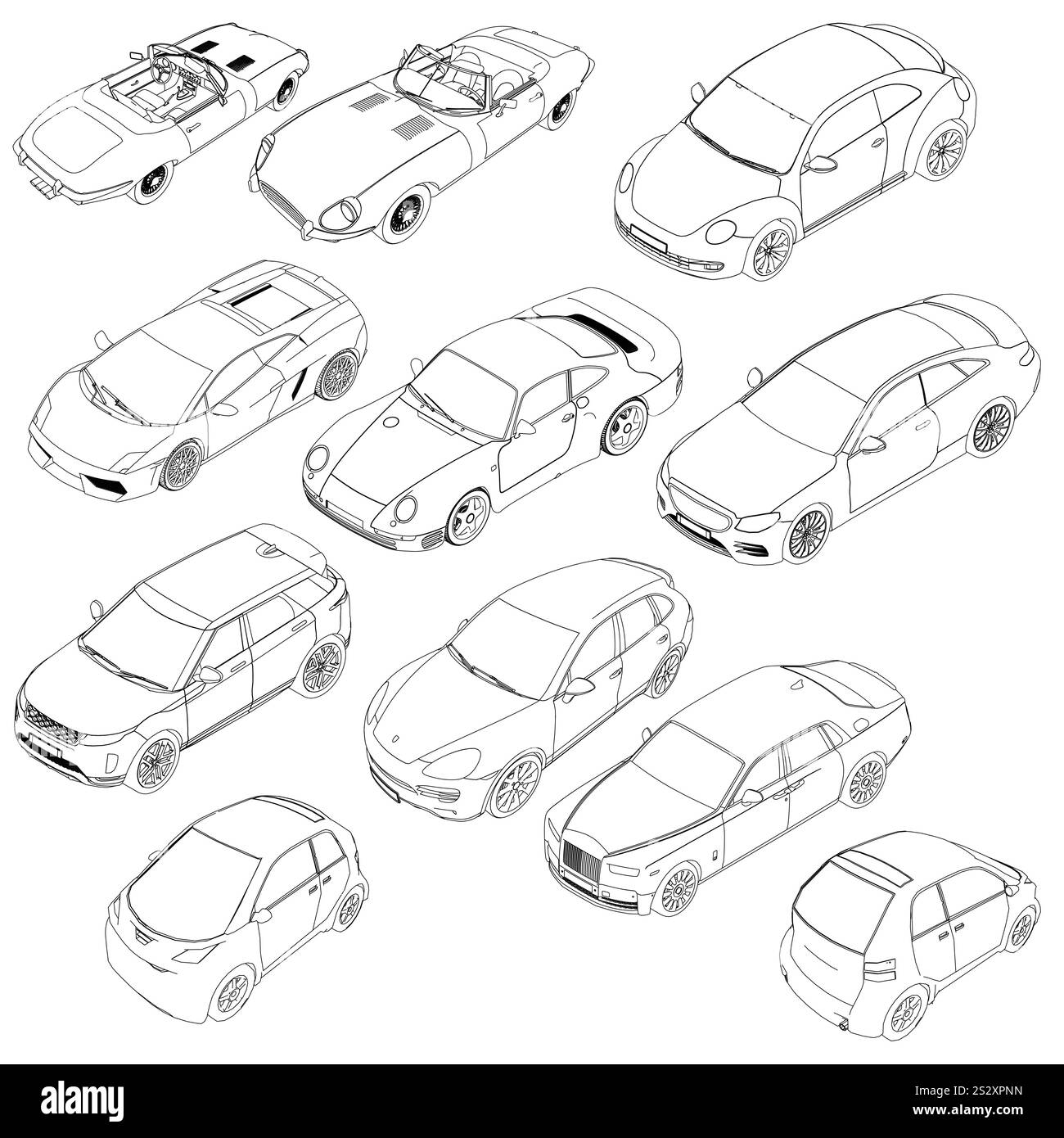 Collezione di diversi design di auto, tra cui un'auto sportiva, una berlina e una convertibile. Vista isometrica. 3D. Illustrazione Vettoriale