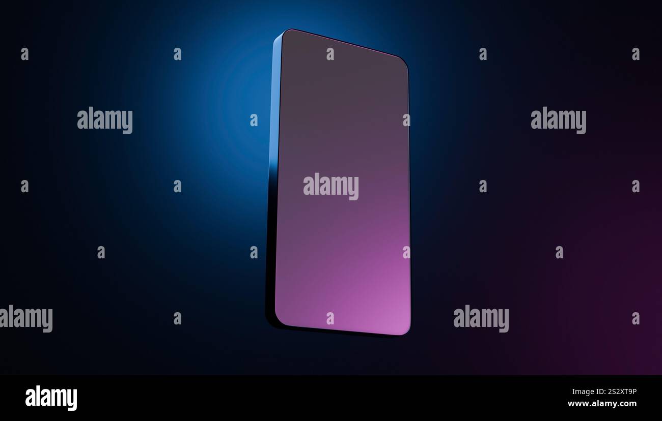 Modello 3D di un telefono cellulare su sfondo scuro con luce blu e viola Foto Stock