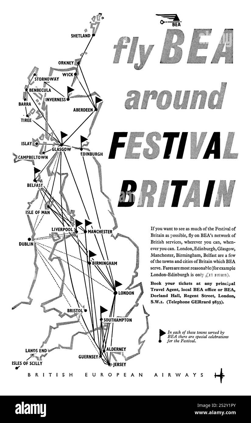 1951 pubblicità britannica per i voli BEA (British European Airways) in tutto il Regno Unito nel Festival of Britain Year. Foto Stock