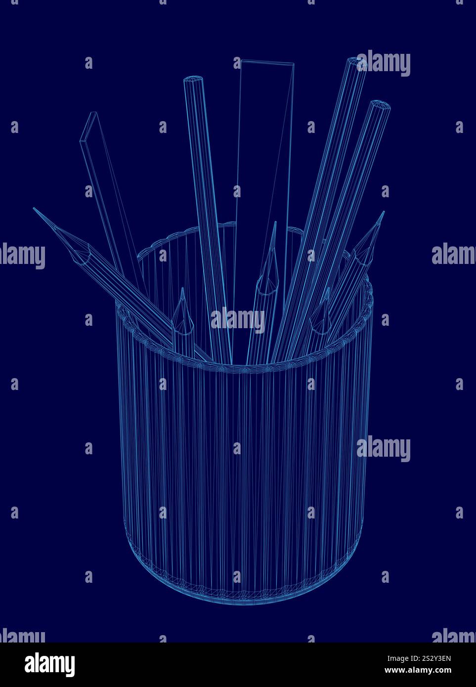 Vaso blu con matite e penne all'interno. Le matite si trovano al centro del vaso e le penne si trovano sul lato destro Illustrazione Vettoriale