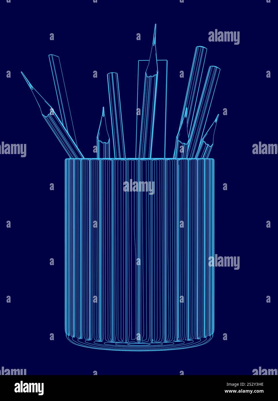 Portamatite blu con matite. Le matite sono di dimensioni e colori diversi Illustrazione Vettoriale