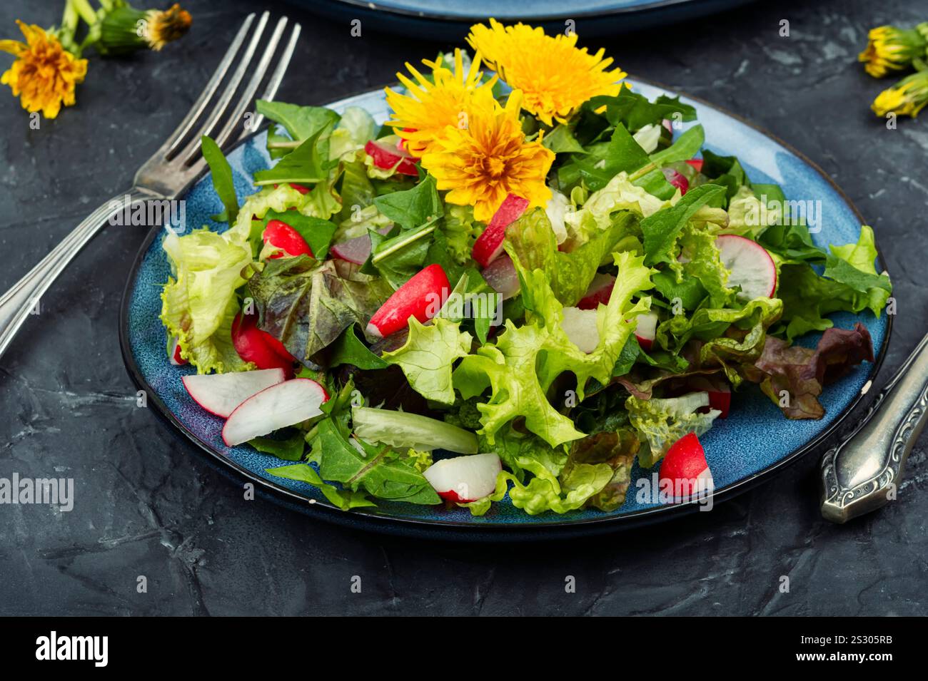 Insalata di erbe primaverili di verdure, ravanelli e leoni. Foto Stock