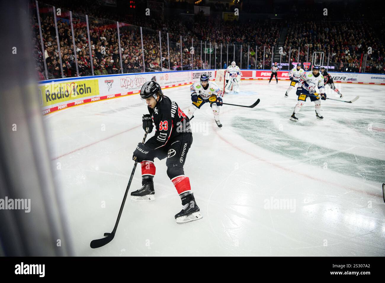 COLONIA, GERMANIA - 7 GENNAIO 2025: Tim Wohlgemuth - partita di hockey su ghiaccio DEL Koelner Haie - Eisbaeren Berlin alla LANXESS ARENA. Solo per uso editoriale. Foto Stock