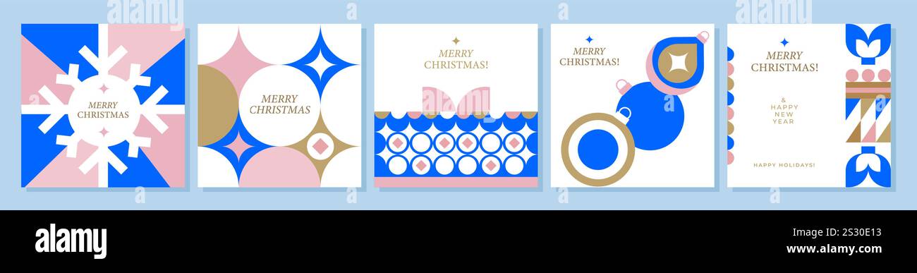 5 biglietti d'auguri minimalisti. Design elegante e semplice per il Natale con tipografia, fiocco di neve, caramelle, giocattoli e regali. Illustrazione Vettoriale