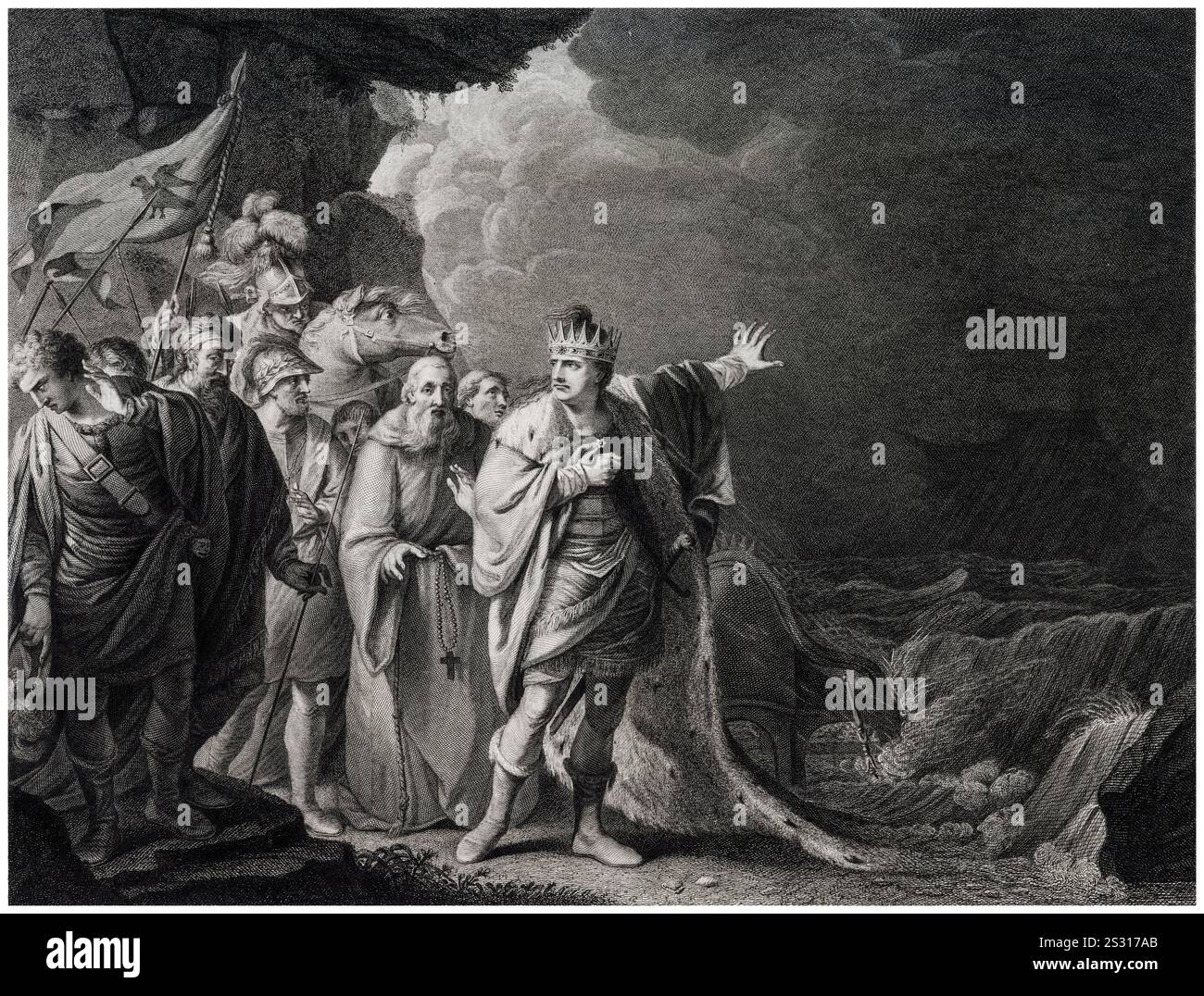 Re Canuto, Reproving His Courtiers, (King Cnut and the Waves), incisione del XVIII secolo di Francois Aliamet dopo Robert Edge Pine, 1766 Foto Stock