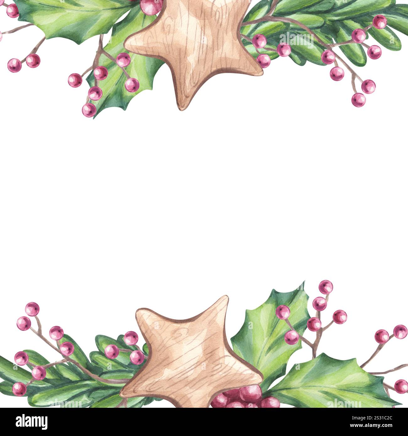 Cornice quadrata di Natale rami di pino di abete con stella di legno, bacche rosse agrifoglio, ramoscello ilex. Composizione floreale botanica. Simboli del nuovo anno. Mano Foto Stock