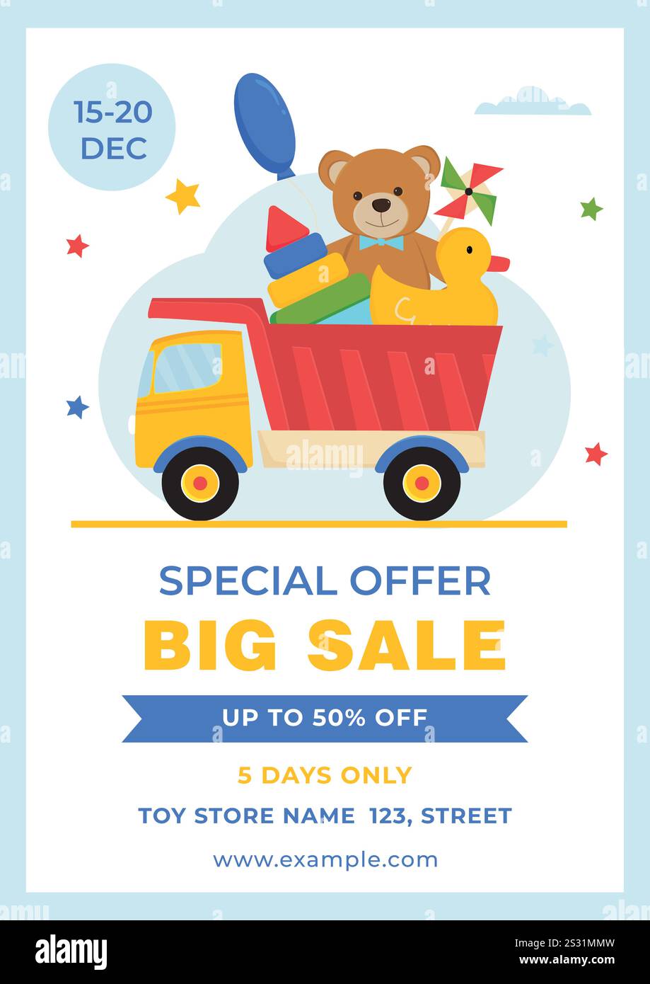 Volantino di vendita del negozio di giocattoli. Opuscolo vettoriale con giocattoli colorati nel furgone. Poster pubblicitario. Illustrazione Vettoriale