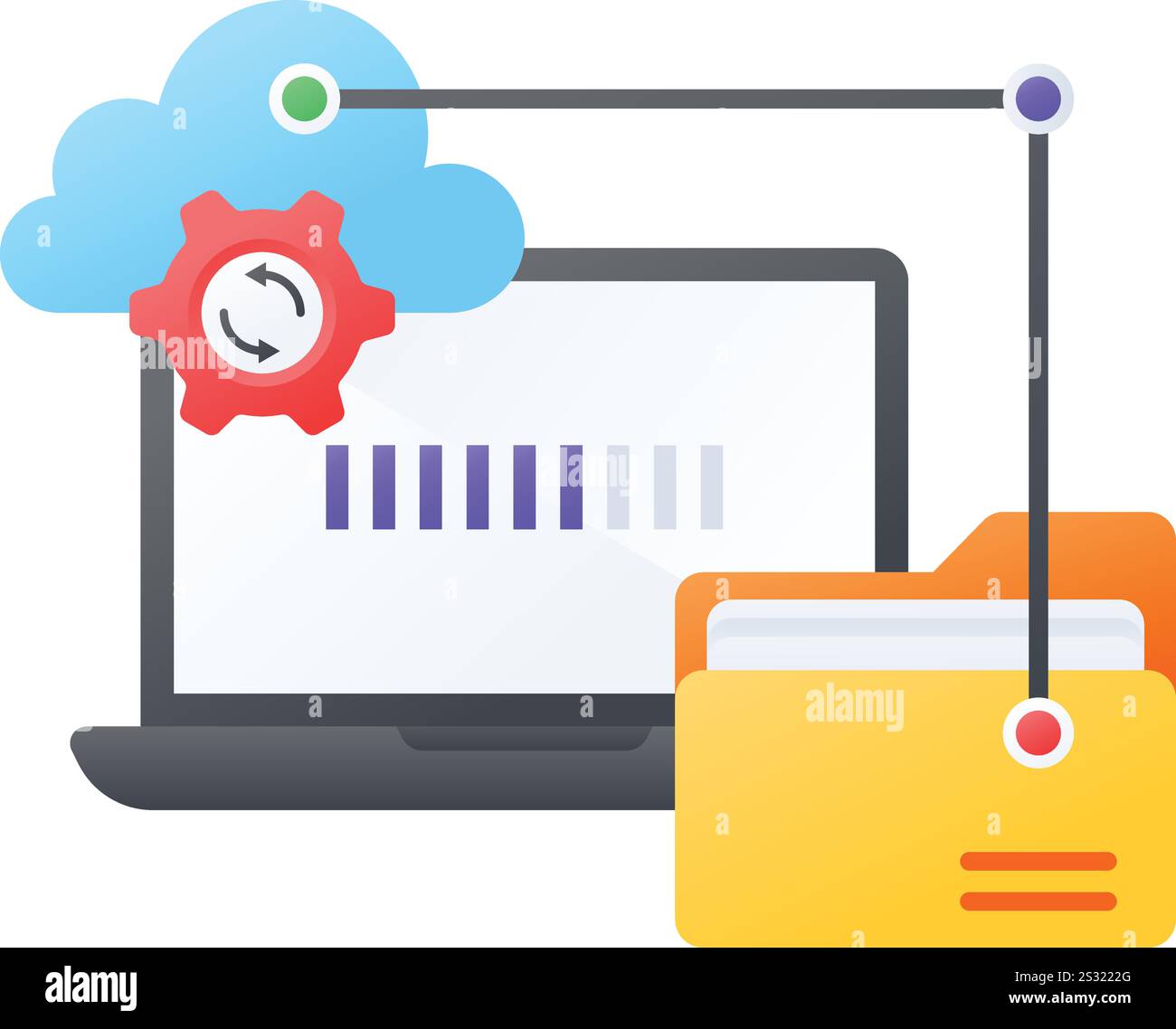 Concetto di avanzamento del caricamento dei file, sincronizzazione dati su cloud progettazione di icone a colori vettoriali del server remoto, servizio di hosting Web Symbol, computer Sign, Inter Illustrazione Vettoriale